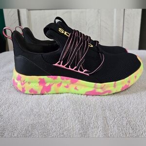 Adidas Kids Black Sneakers with Neon Pink and Yellow Accents